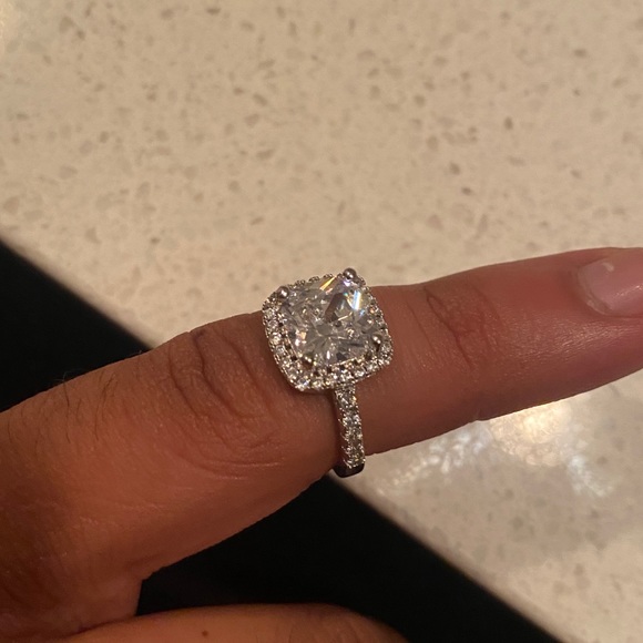 Halo Princess Cut Engagement Ring Stamped 925 Silver Partial Pave Band Two Sizes - Picture 6 of 15